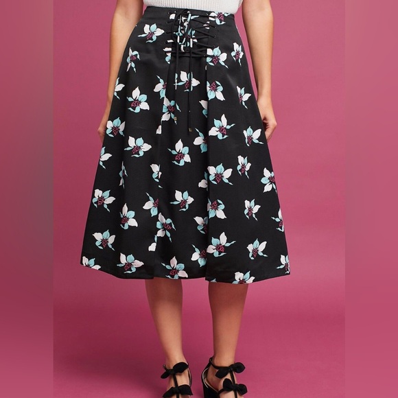 Anthropologie Maeve Floral Midi Skirt black mint floral 8 - Picture 2 of 7